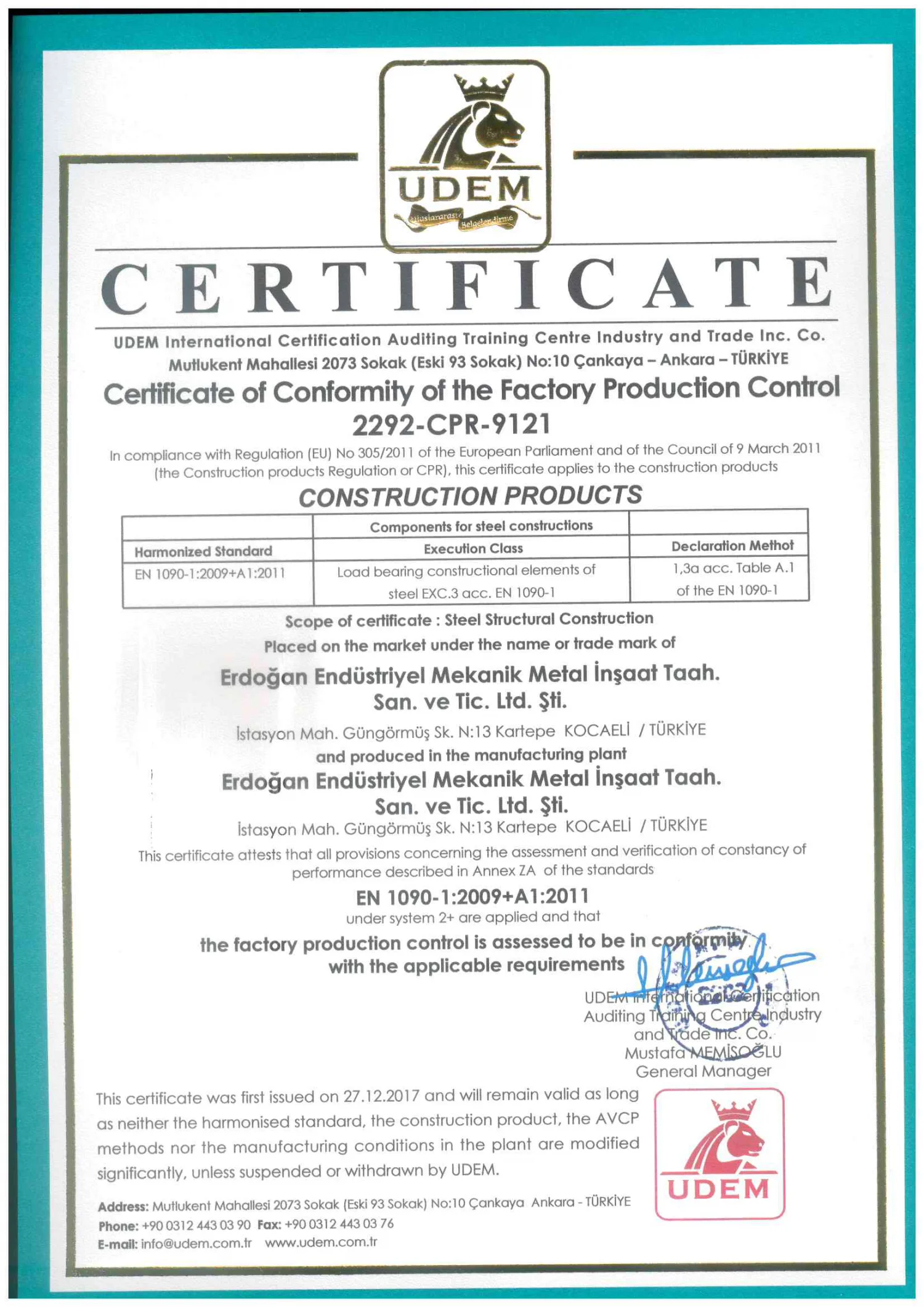 Certificate of Conformity of The Factory Production Control | Erdoğan Endüstri