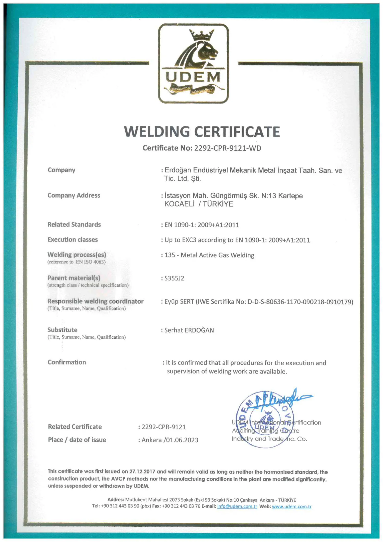 Welding Certificate | Erdoğan Endüstri