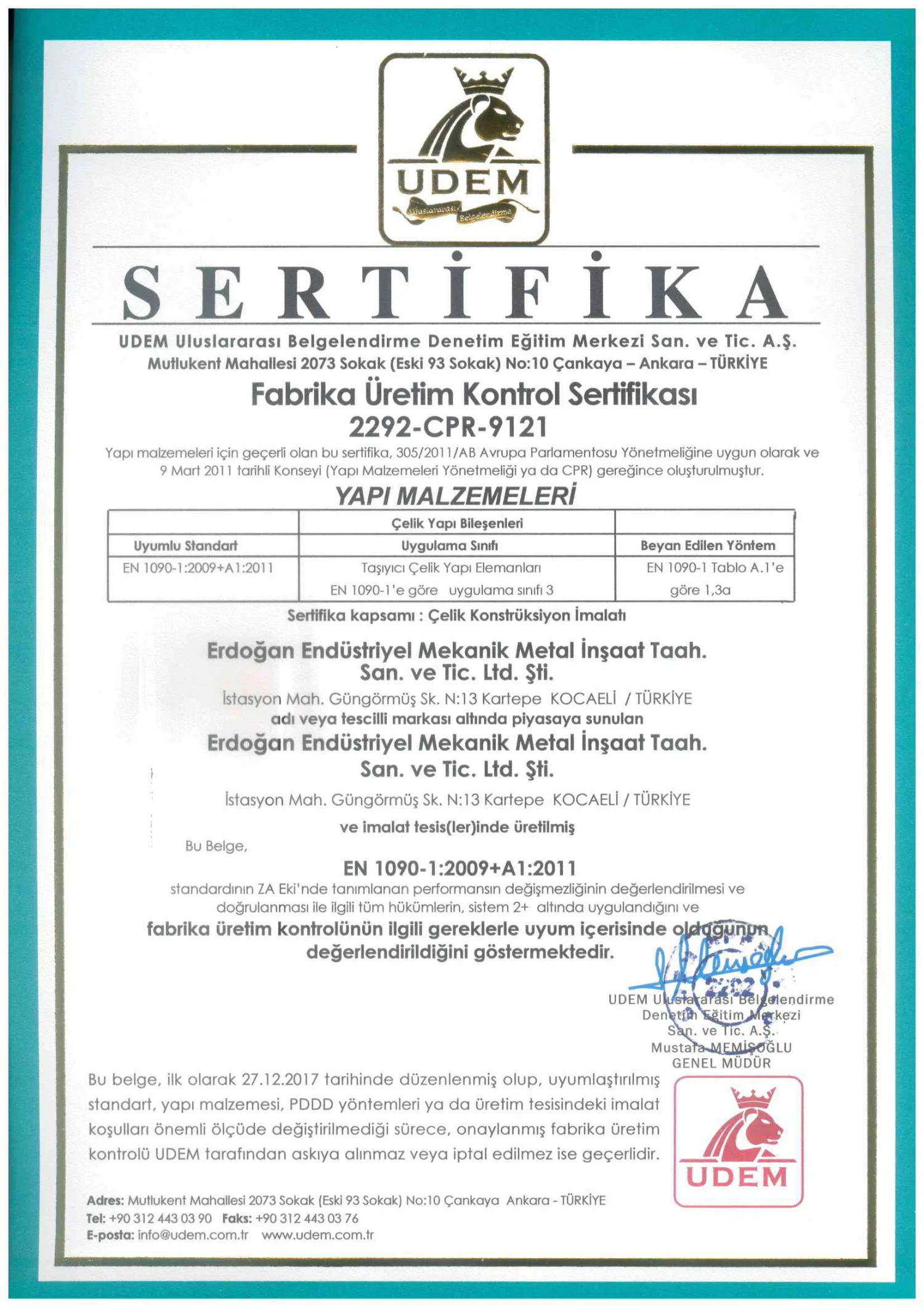 Fabrika Üretim Kontrol Sertifikası | Erdoğan Endüstri