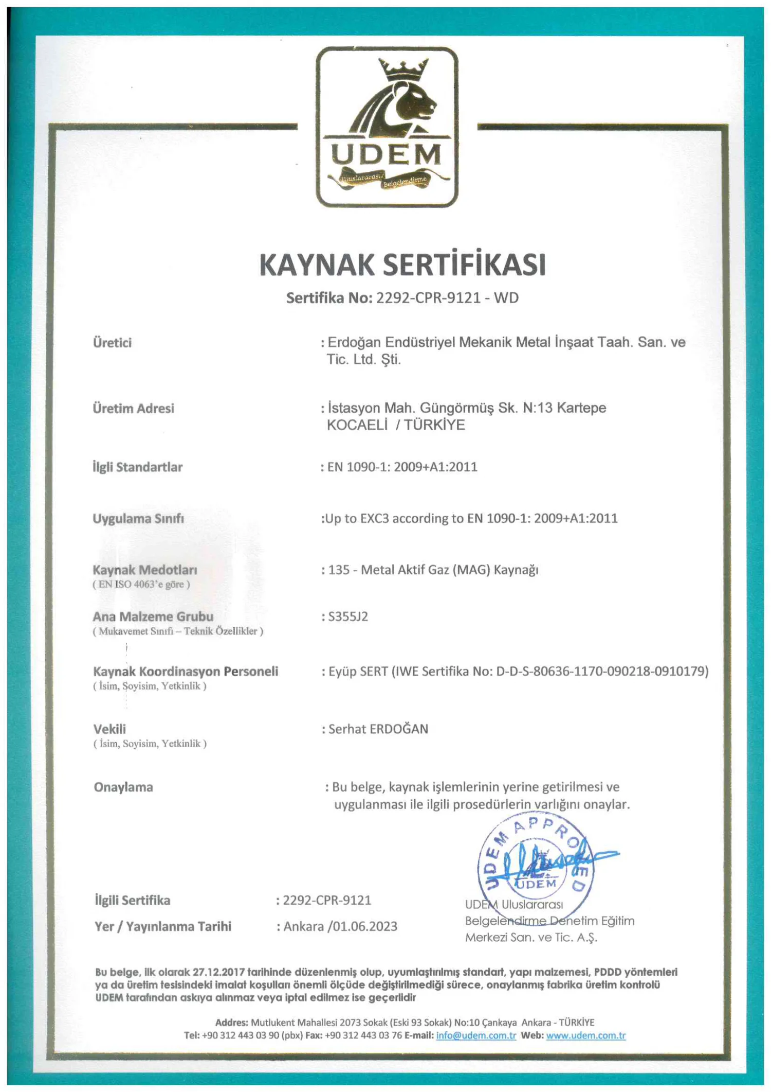 Kaynak Sertifikası | Erdoğan Endüstri